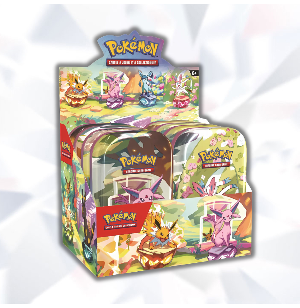 Display Mini-Tin Pokémon Évolutions Prismatiques EV08.5 - 8 Mini-Tins avec Boosters et Pièce Collectible